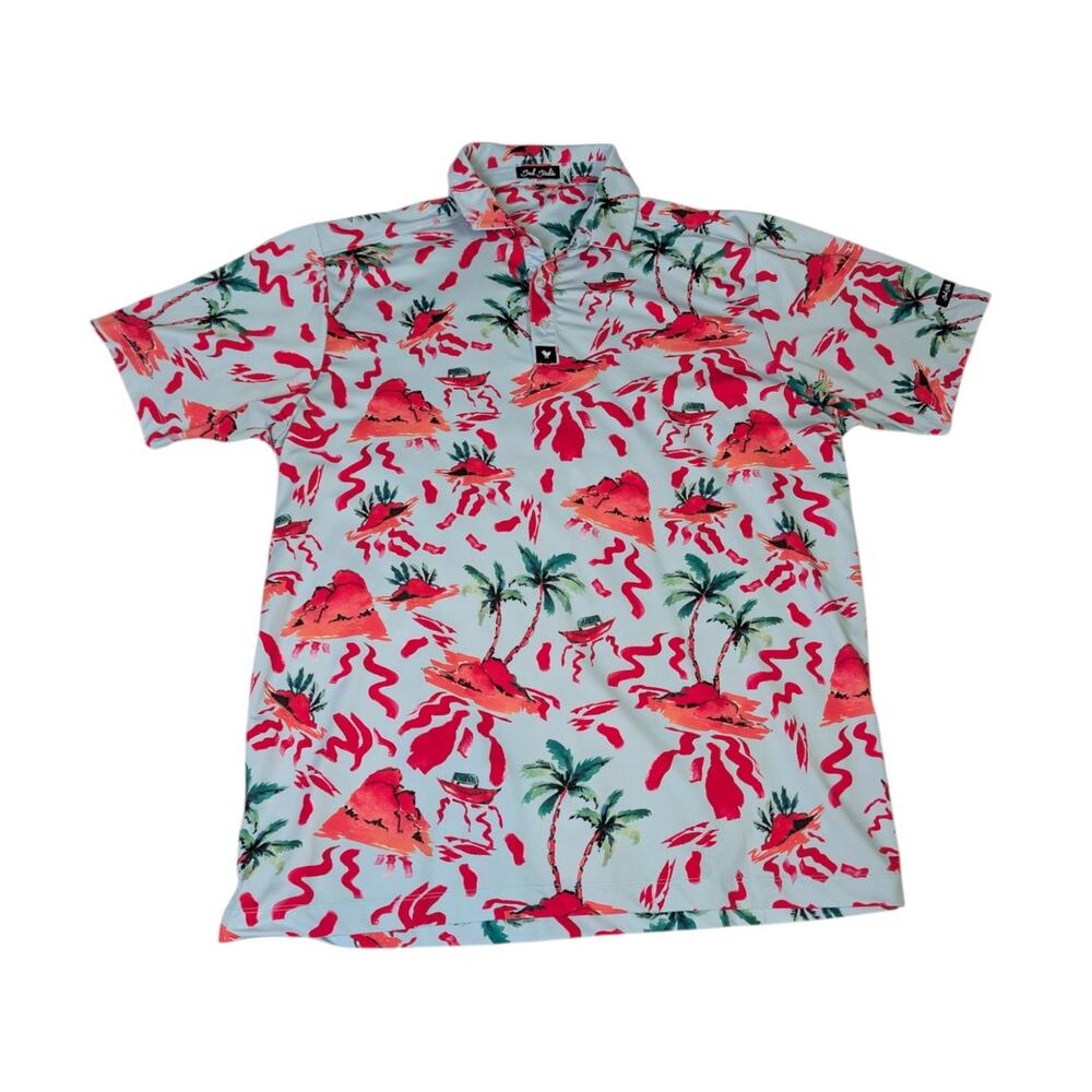 Bad Birdie Tropical Island Golf Polo Shirt 2XL Hawaiian Resort Blue Pink